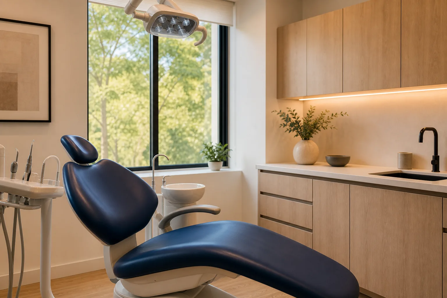 A calm, softly lit treatment room at Harbour Row Dental, with a navy-blue chair and warm daylight from the window.